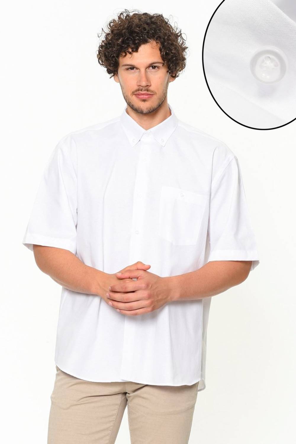 Varetta Men's White Short Sleeved Classic Cut Collar Buttoned Cotton Satin Shirt