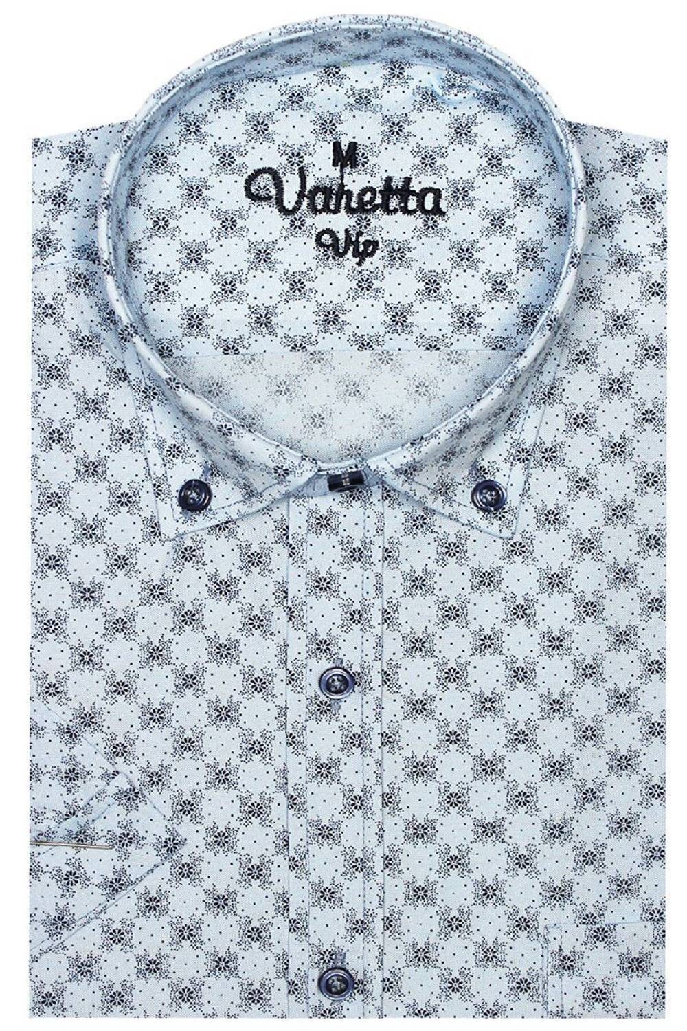 Erkek Mavi Baskılı Kısa Kol  Klasik Kesim Cepli Gömlek