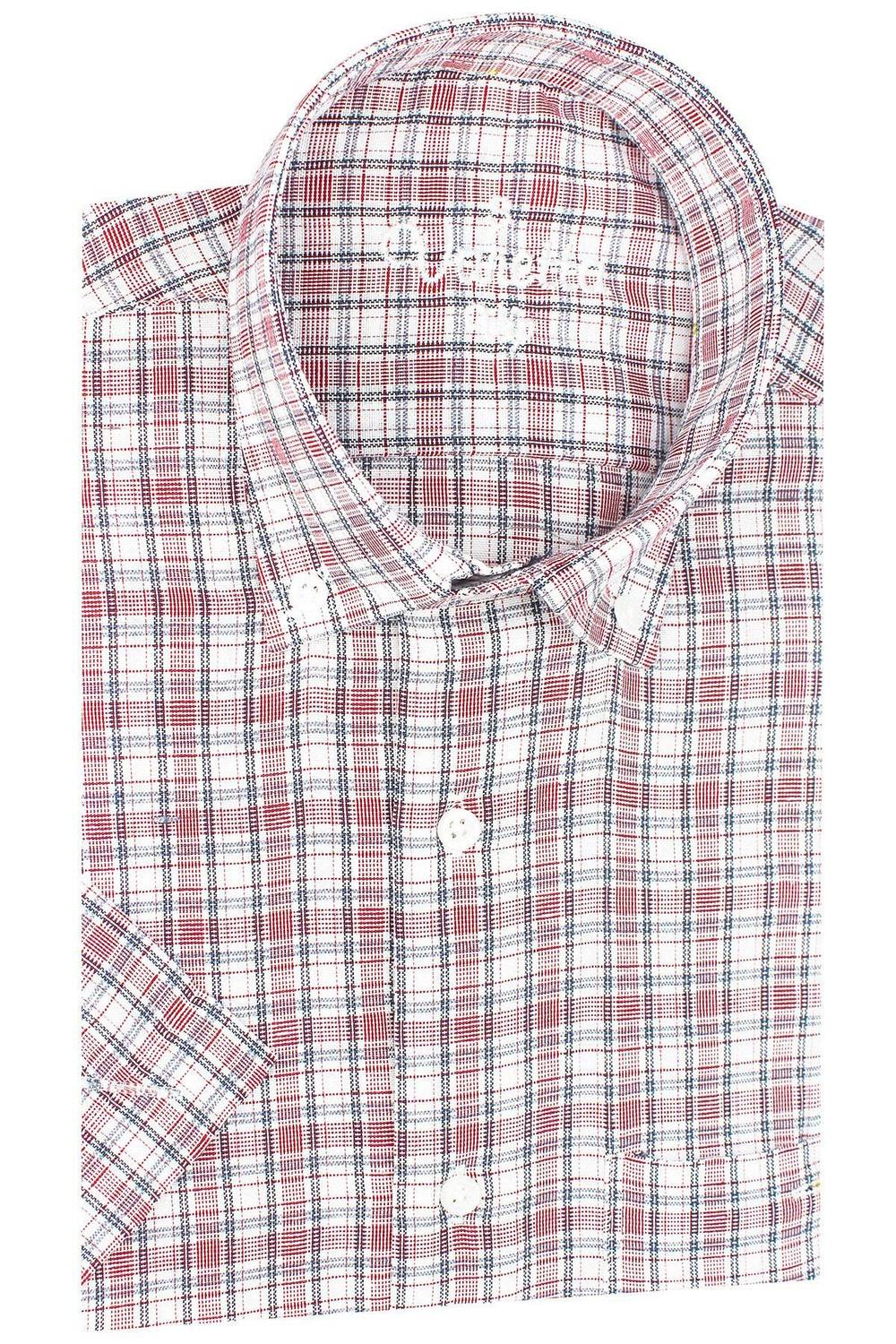 Men's White-Red Classic Cut Buttoned Collar Check Short Sleeve Shirt