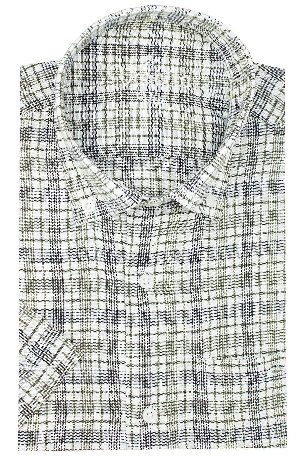 Men's White-Green Classic Cut Buttoned Collar Check Short Sleeve Shirt