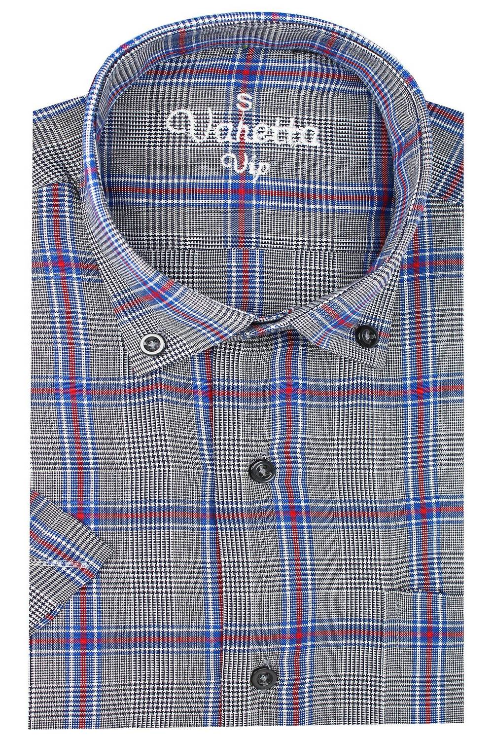 Erkek Füme Klasik Kesim Düğmeli Yaka Kareli Kısa Kollu Gömlek