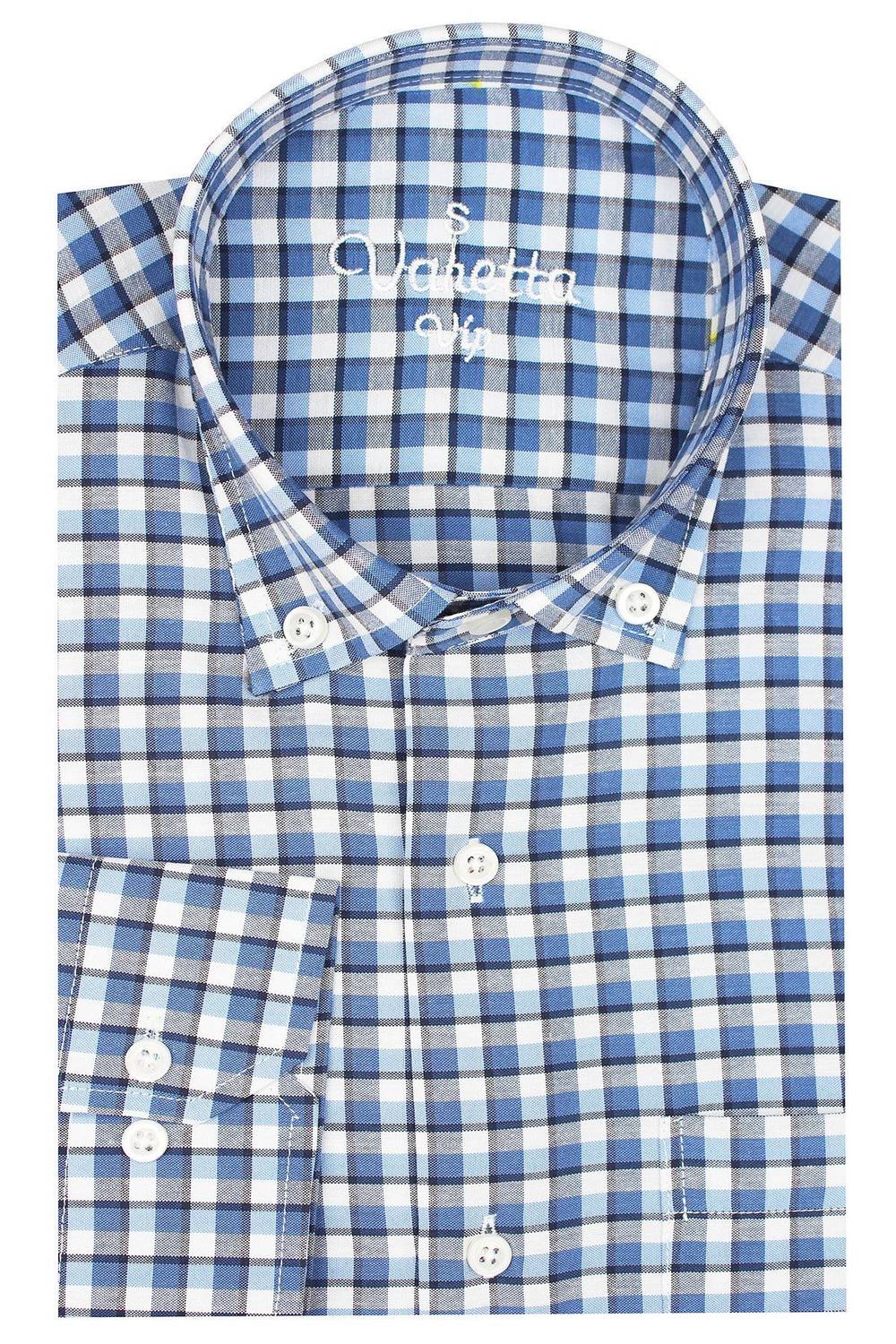 قميص رجالي بقصة كلاسيكية بأكمام طويلة ومربعات أزرق فاتح