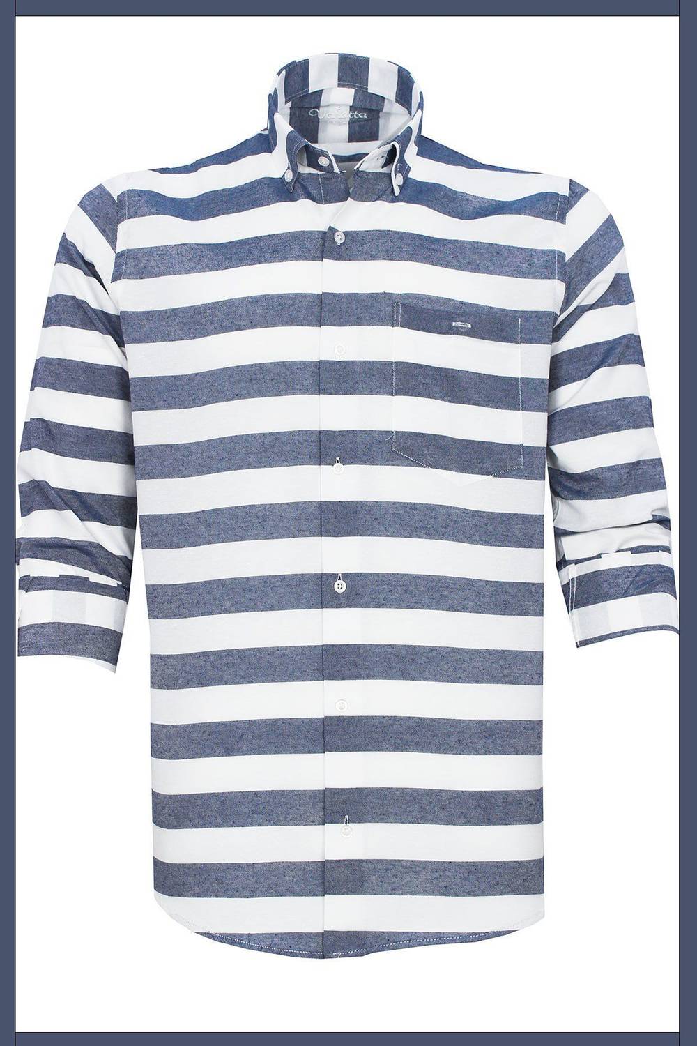 Men's Navy Blue Striped Board Pattern Long Sleeve Button Down Collar Classic Cut Shirt