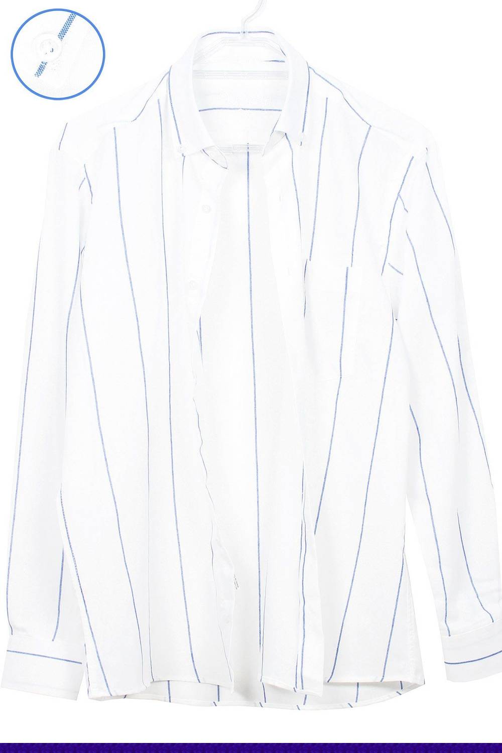 Men's White-Blue Striped Long Cuff-Button Collar Classic Cut Shirt