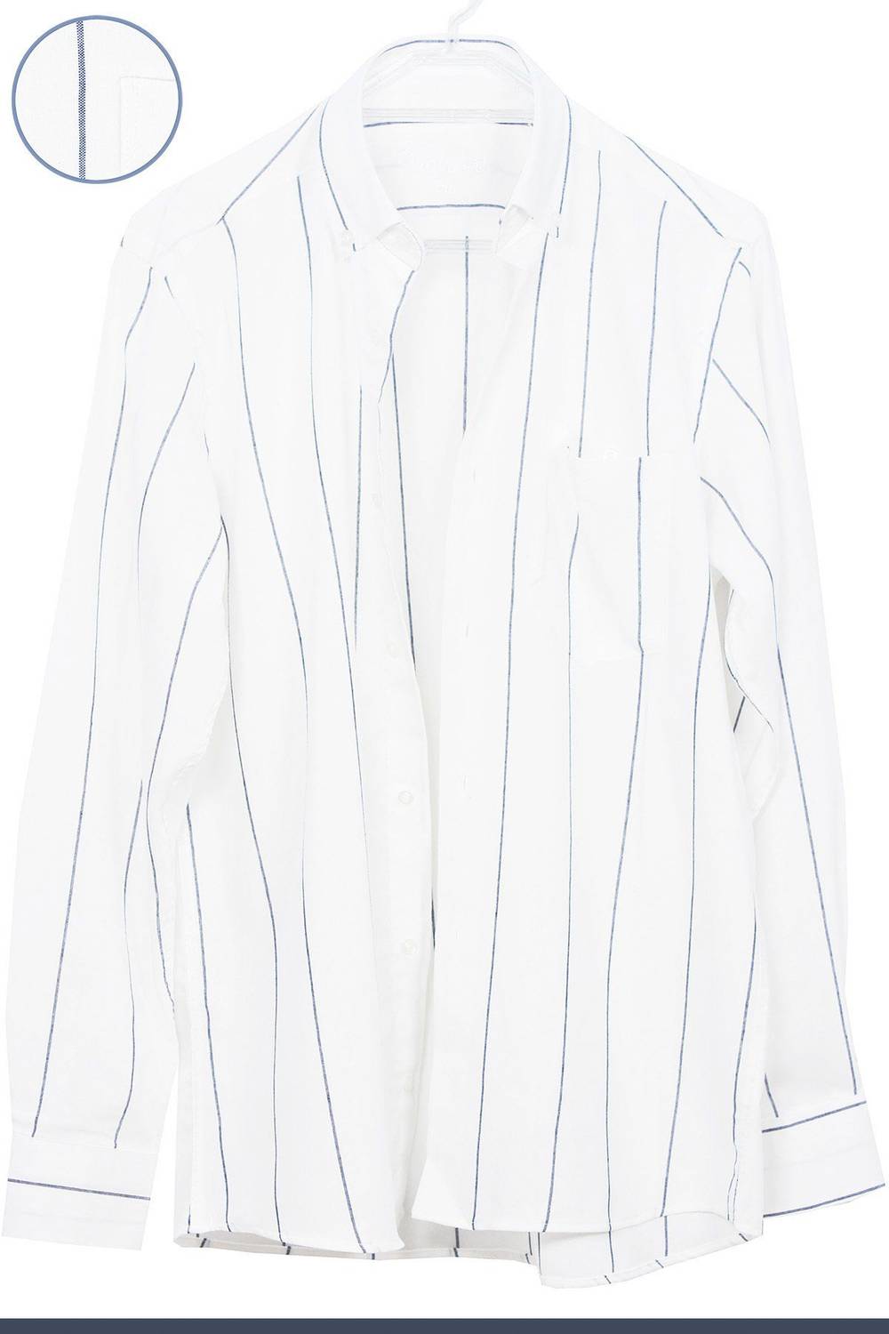 Men's White-Navy Blue Striped Long Sleeve Button Down Collar Classic Cut Shirt