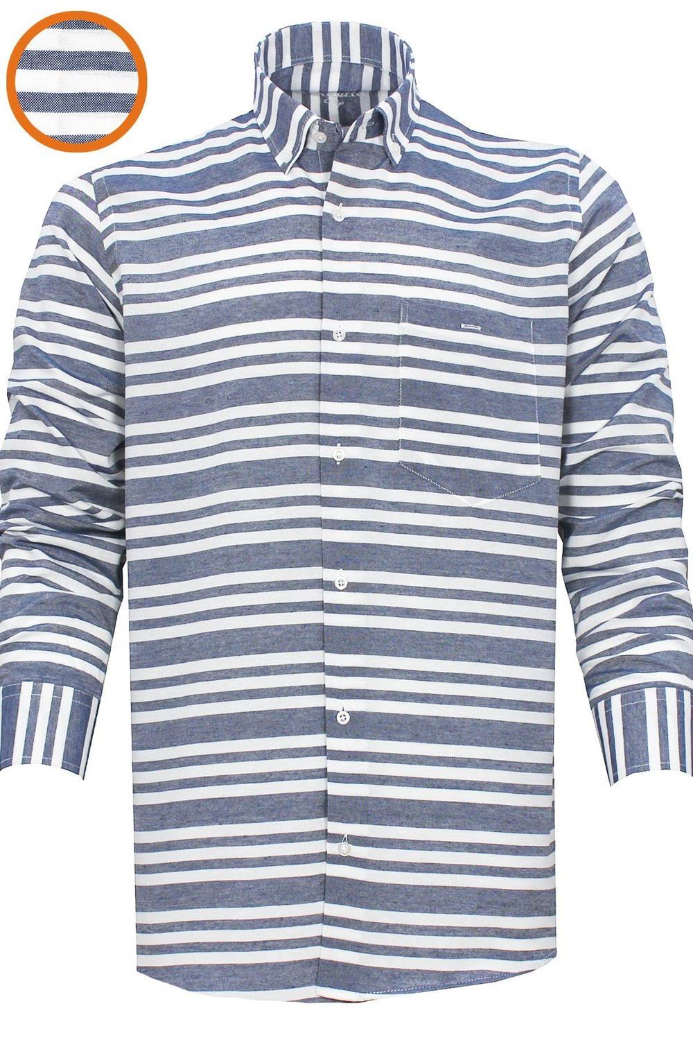Men's Navy Blue Striped Long Sleeve Button Down Collar Classic Cut Shirt