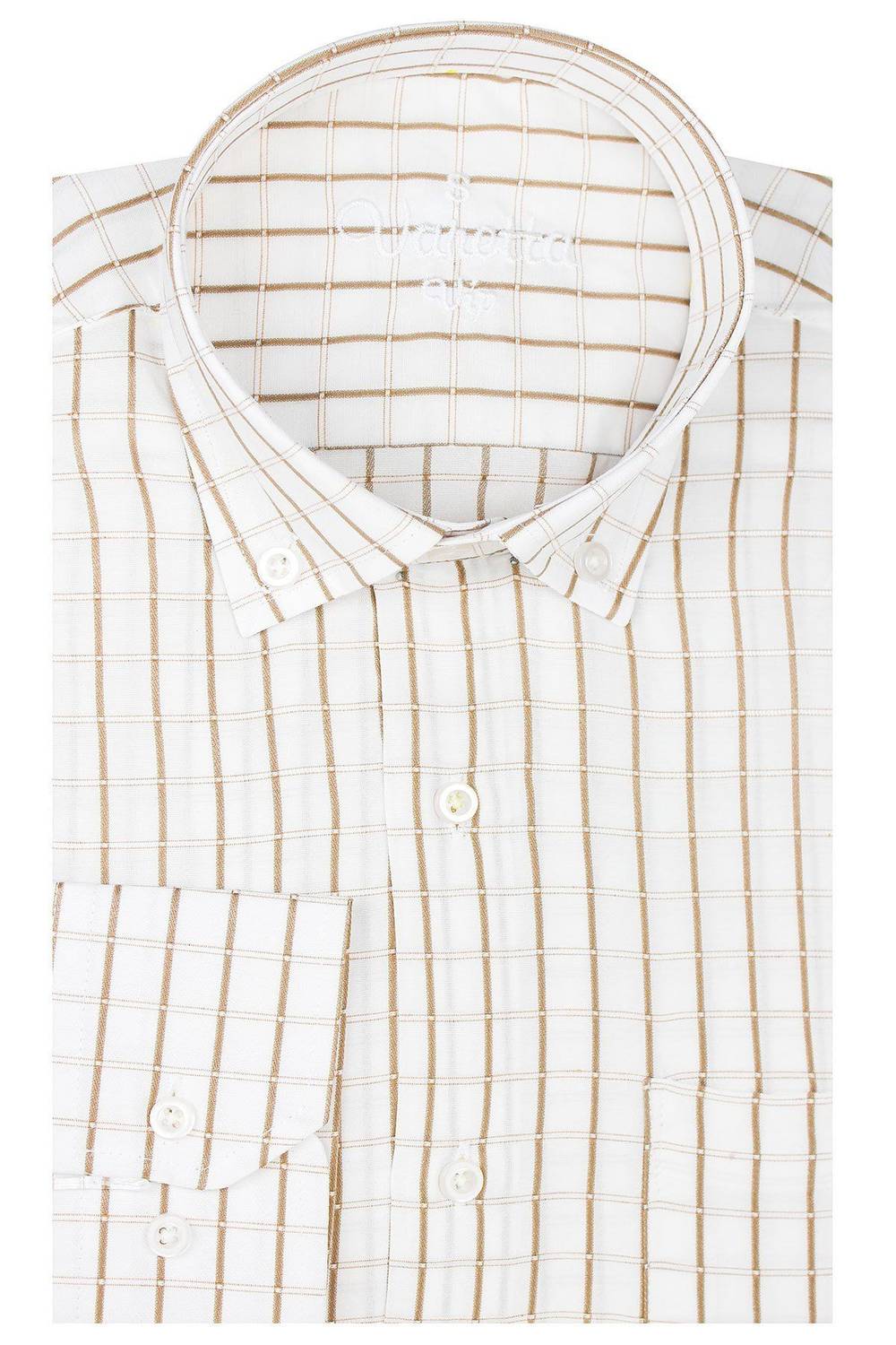 Erkek Kahverengi Kareli Desen Uzun Kol Düğmeli Yaka Klasik Kesim Gömlek