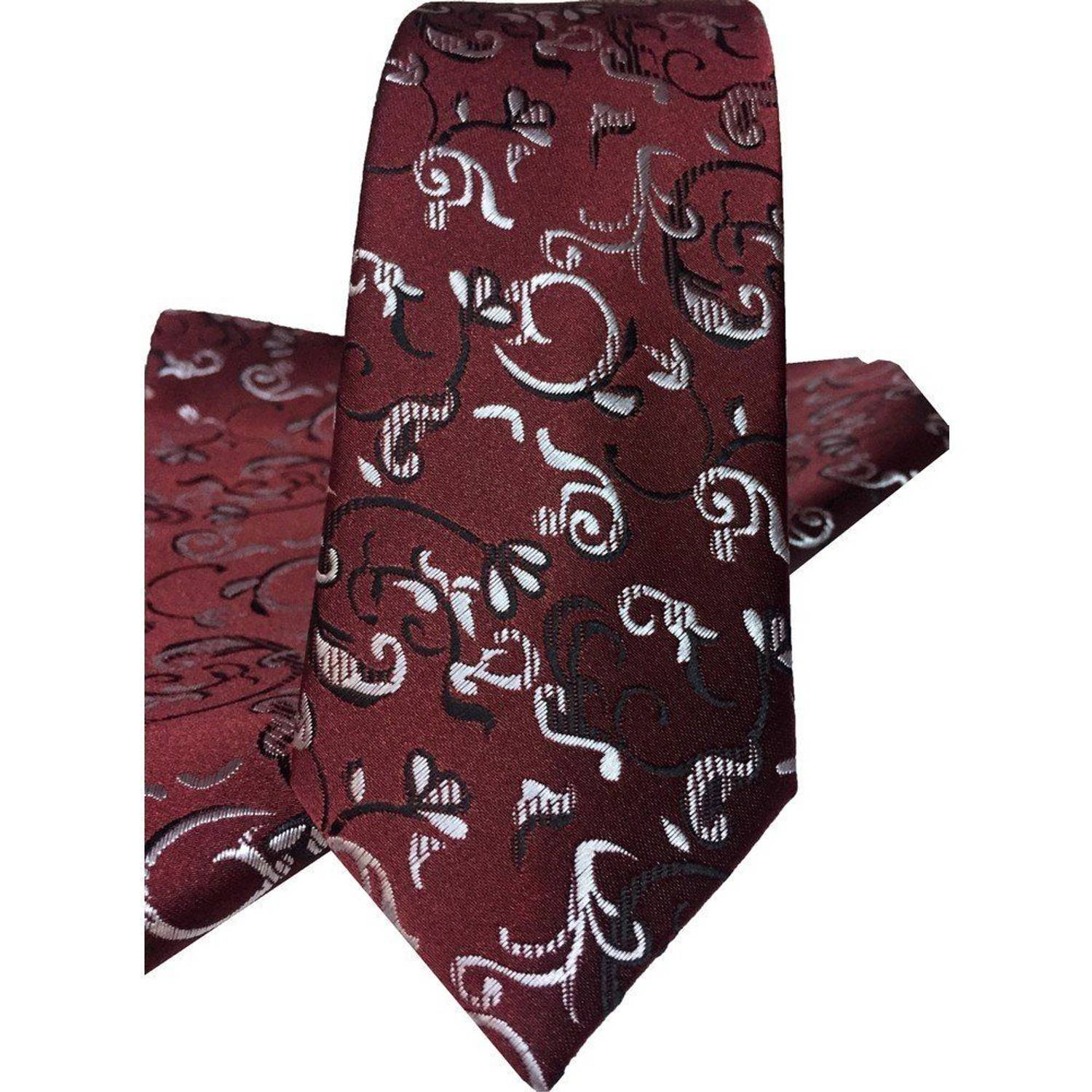 Мужской бордовый галстук с узором и платком от VARETTA, узкий, ширина 5.7 см, с подарочным держателем для галстука