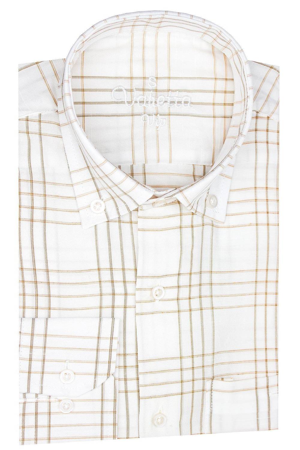 Erkek Beyaz-Taba Kareli Desen Uzun Kol Düğmeli Yaka Klasik Kesim Gömlek