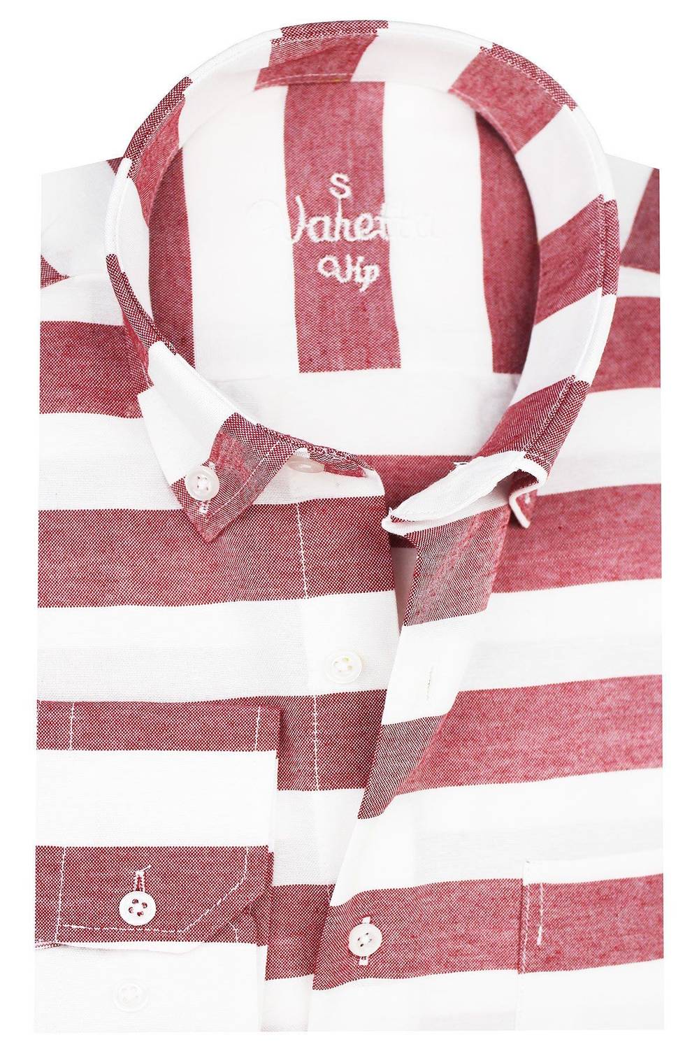 Men's Claret Red Striped Board Pattern Long Sleeve Button Down Collar Classic Cut Shirt