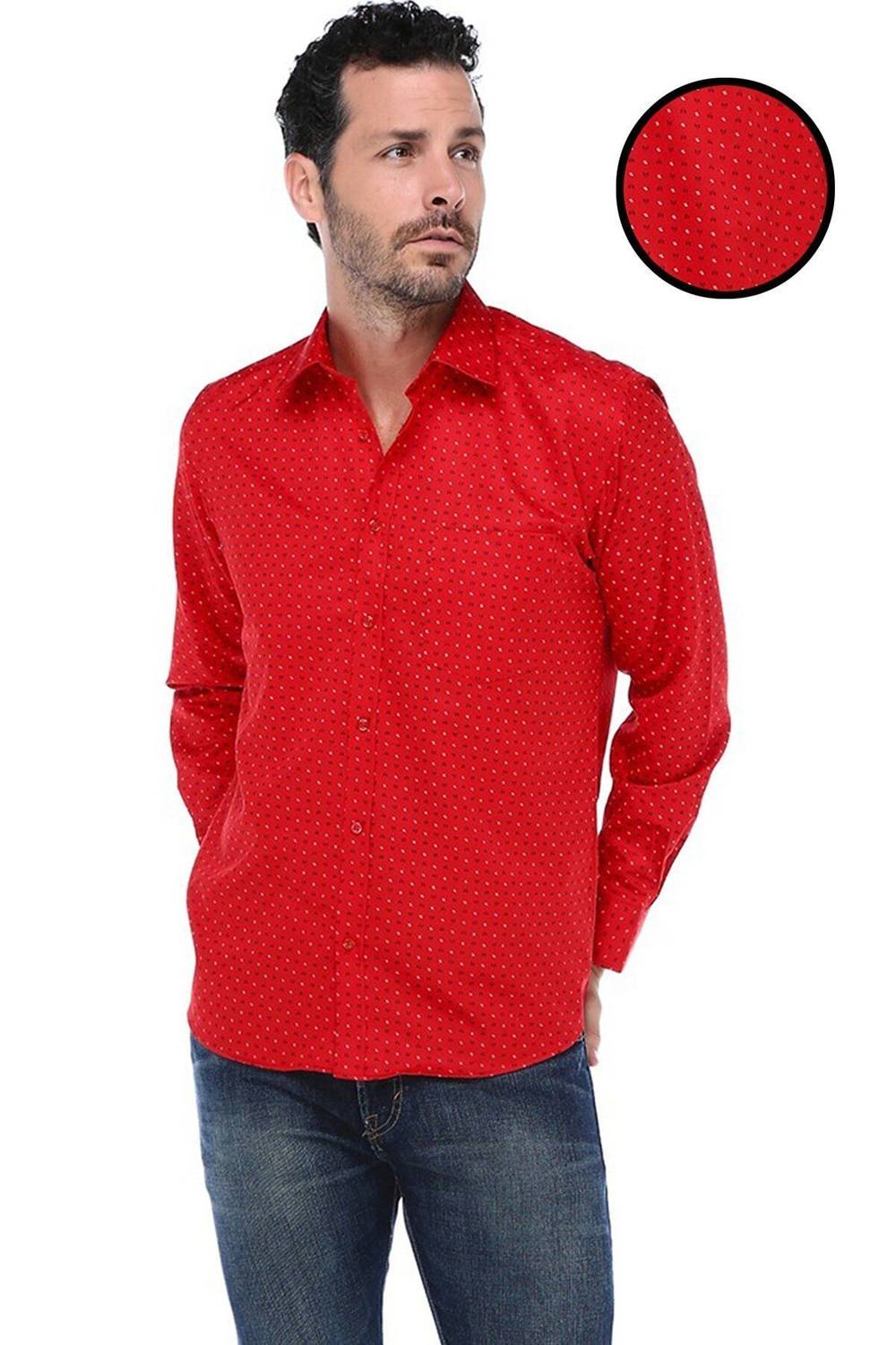 قميص رجالي أحمر كلاسيكي بجيب واحد ومطبوع رقمي وأكمام طويلة