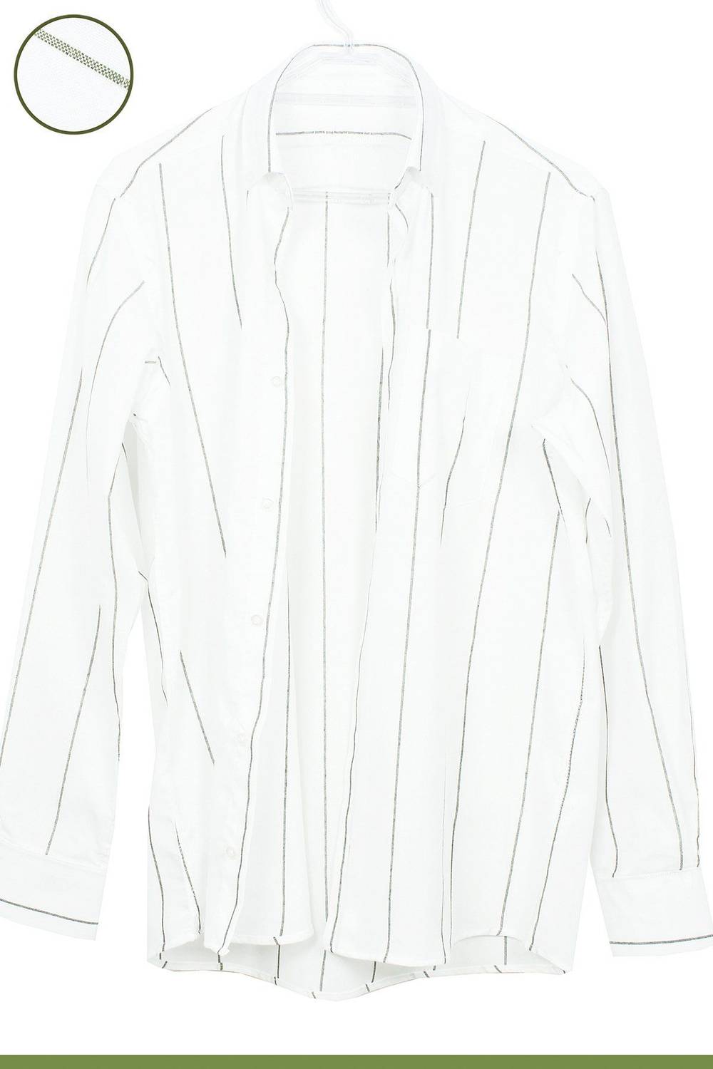 Men's White-Green Striped Long Cufflink Collar Classic Cut Shirt