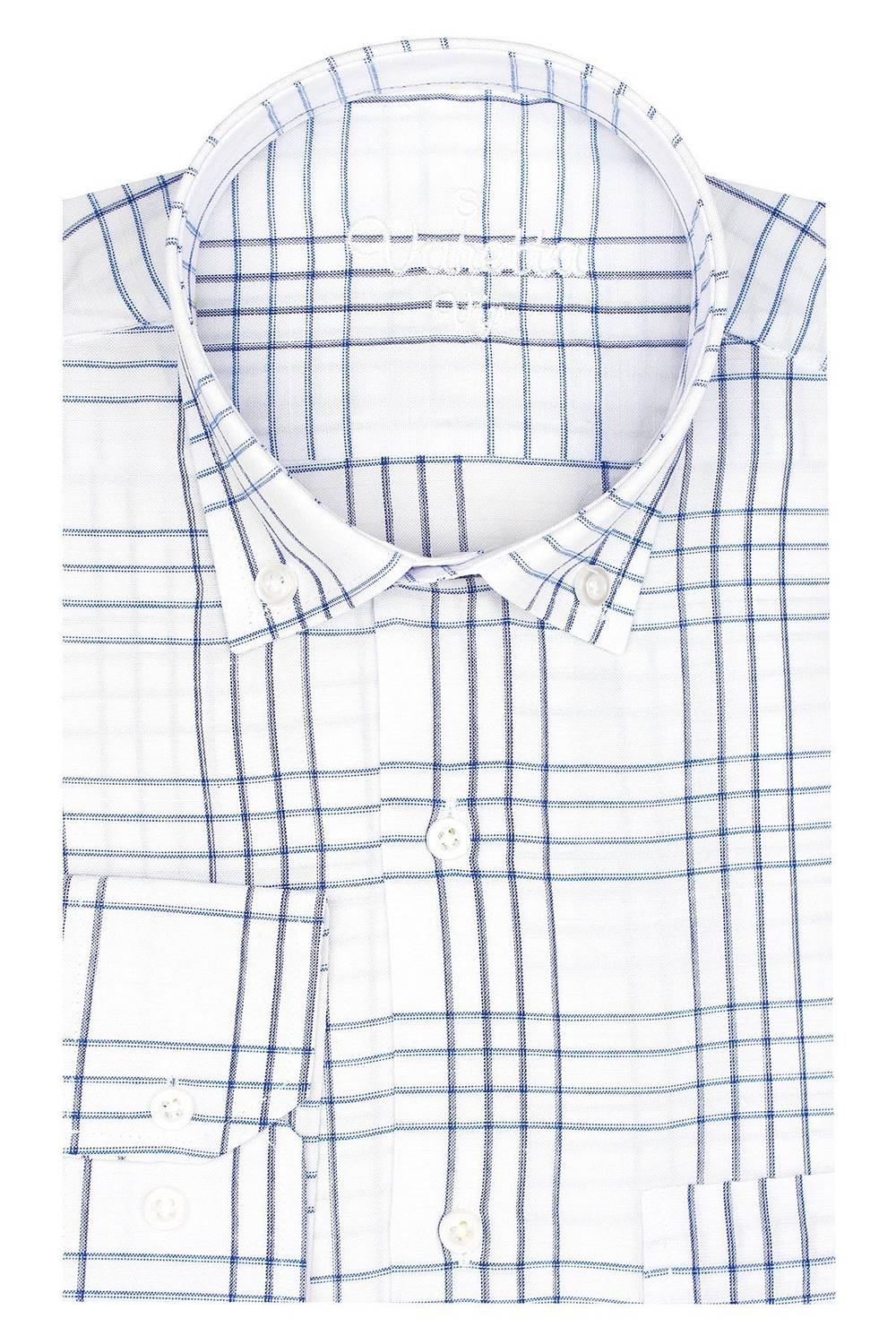 Men's White-Blue Check Pattern Long Cufflink Collar Classic Cut Shirt