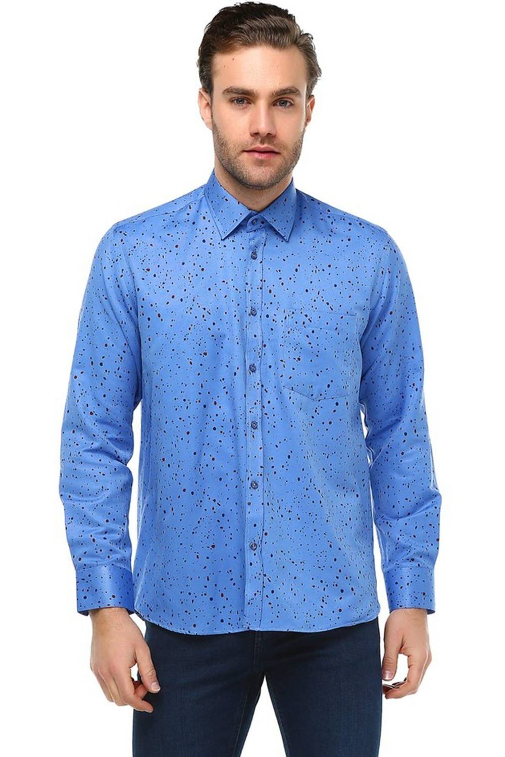 Men's Navy Blue Classic Cut Printed Long Sleeve Shirt