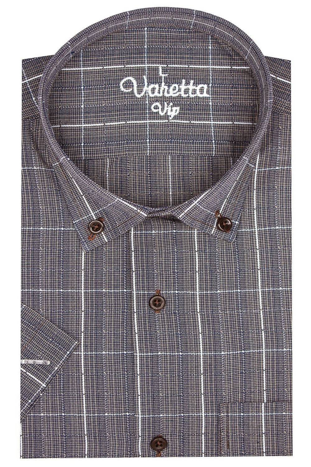 Мужская коричневая рубашка с короткими рукавами классического кроя с карманом и пуговичным воротником