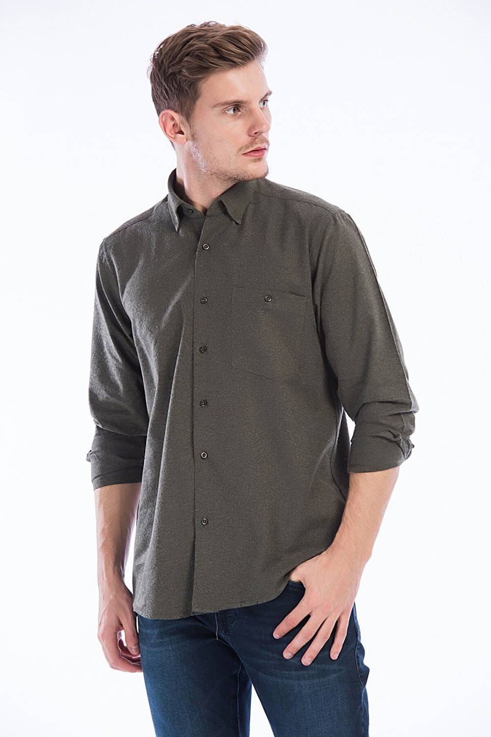 Varetta Men's Green Long Sleeve Single Pocket Solid Color Winter Shirt