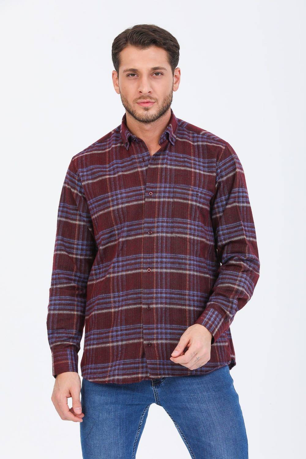 Varetta Men's Claret Red Checkered Classic Cut Winter Shirt