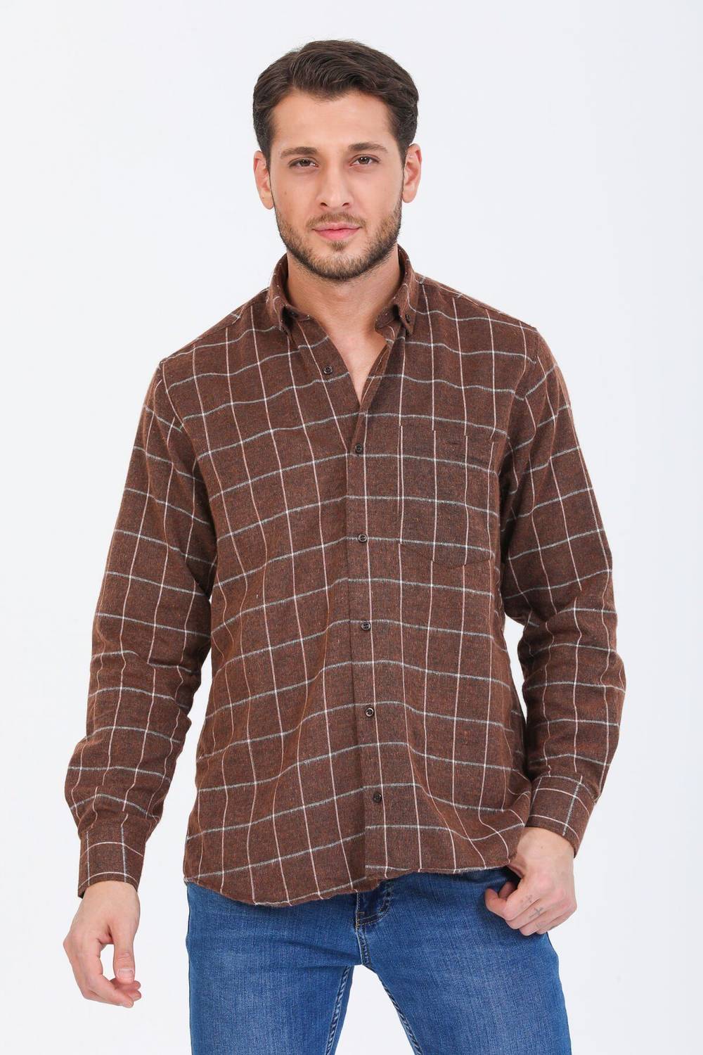Классическая мужская зимняя рубашка с коричневыми клетками, длинный рукав, кнопки на воротнике, размер XL и M, свободный крой, производство Турция