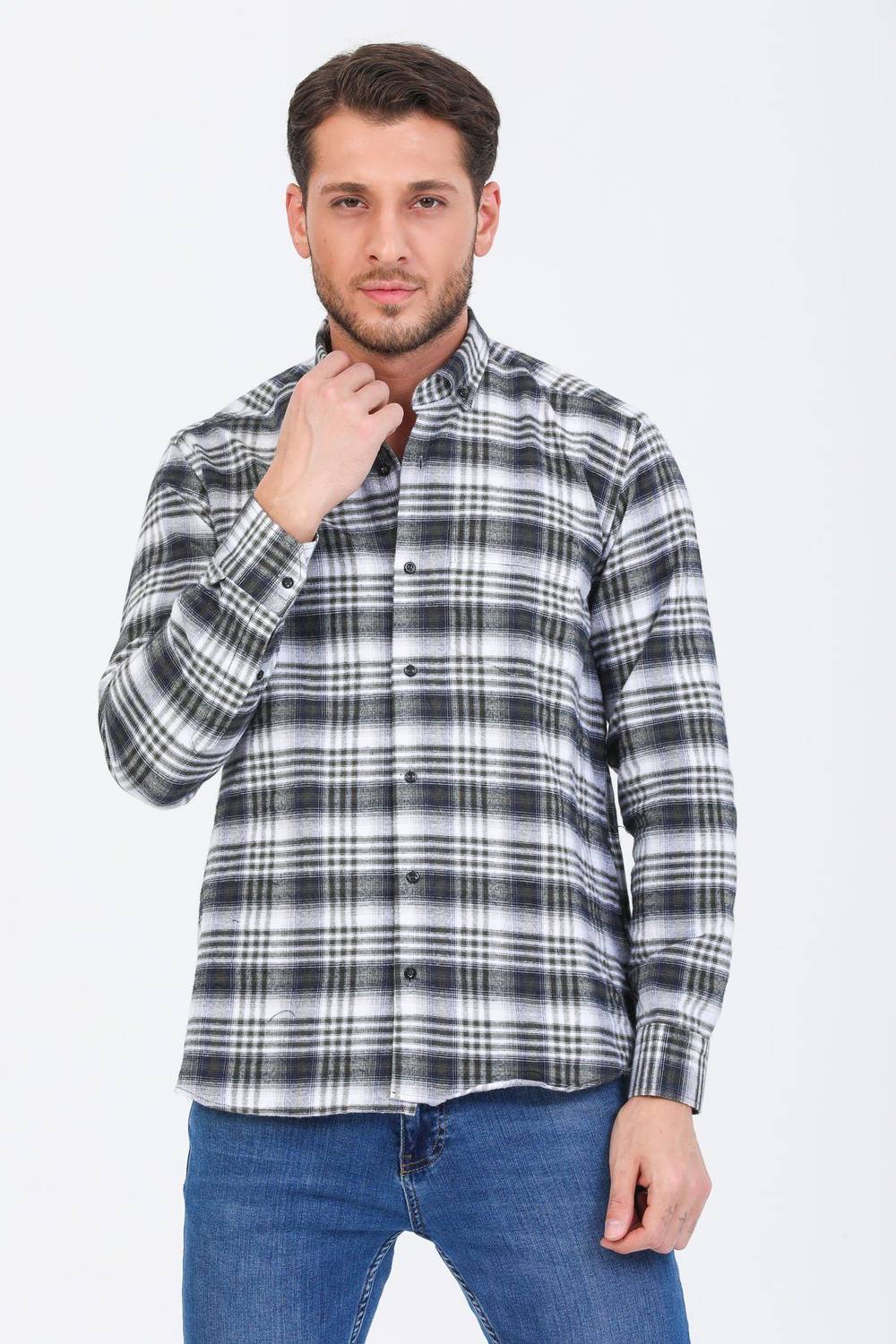 Чоловіча зимова сорочка з кнопками на комірі та кишенею, зелена, класичний крій, довгий рукав, Made in Turkey