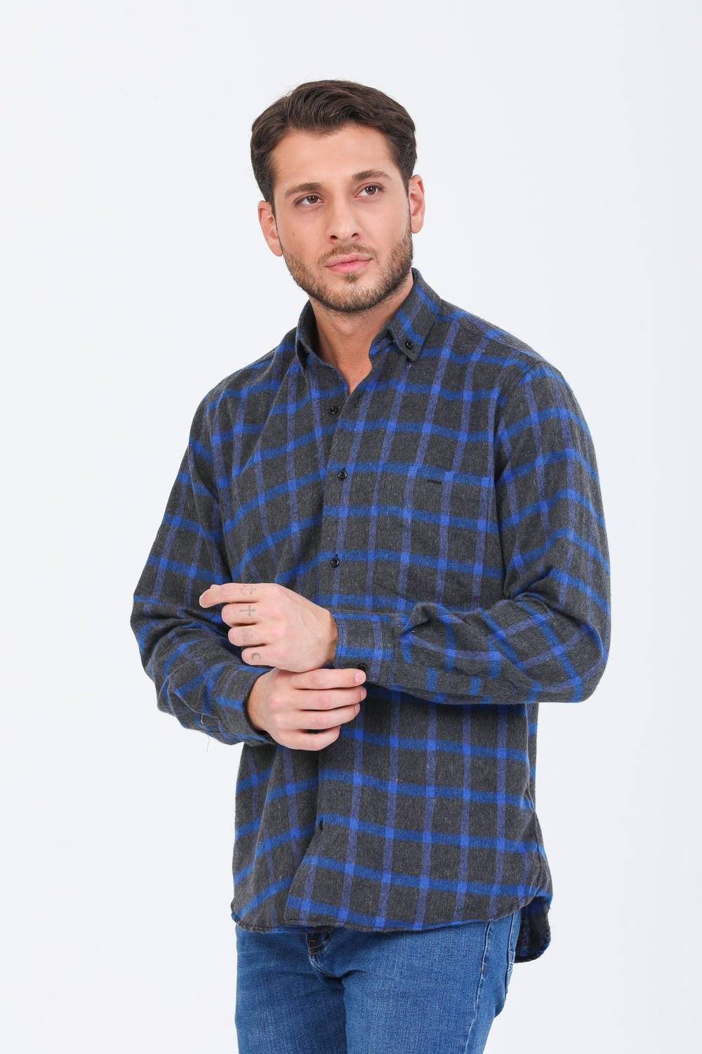 Varetta Erkek Siyah Kareli Klasik Kesim Yaka Düğmeli Kışlık Gömlek