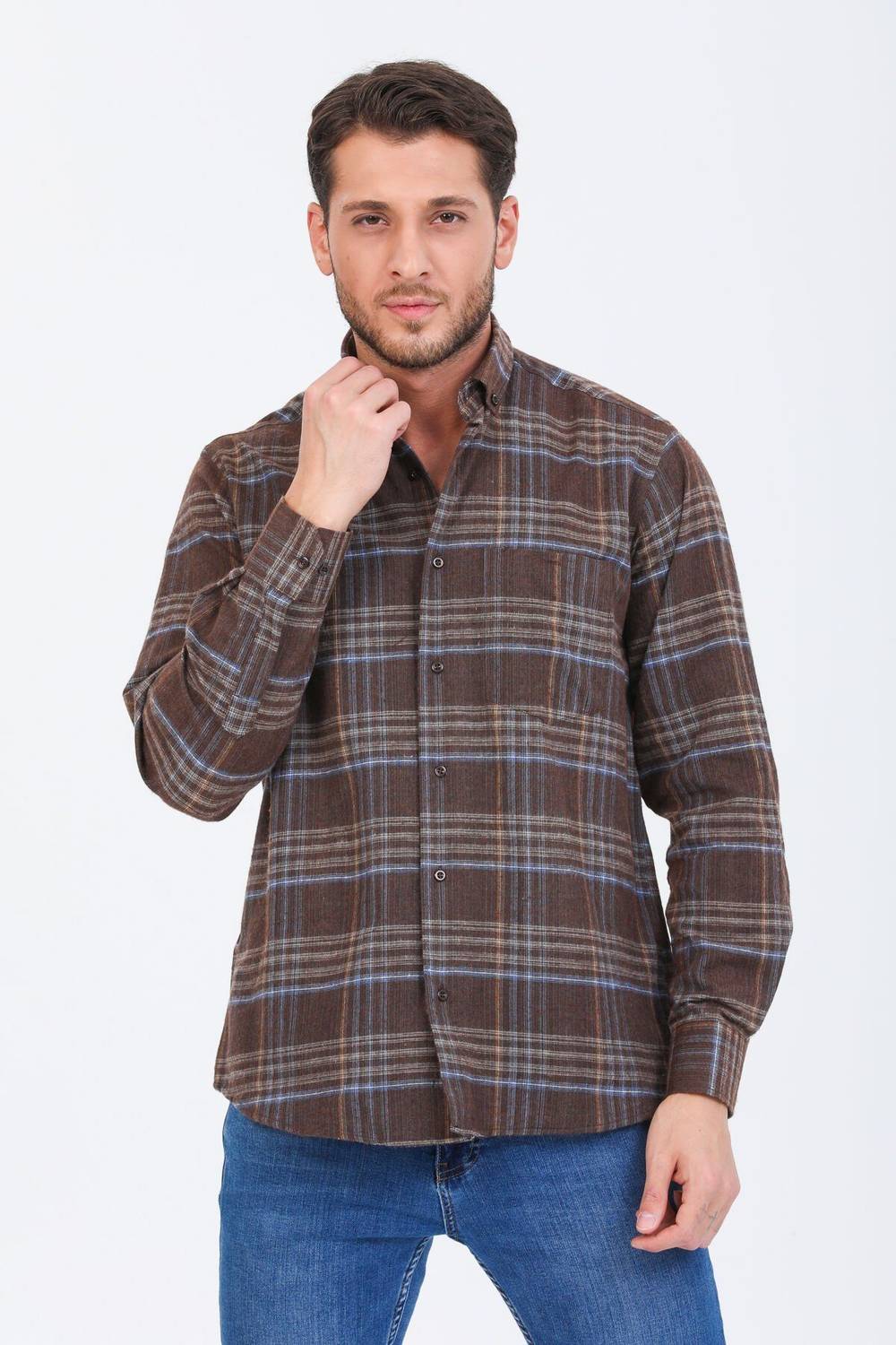 Varetta Men's Brown Checkered Classic Cut Collar Buttoned Winter Shirt