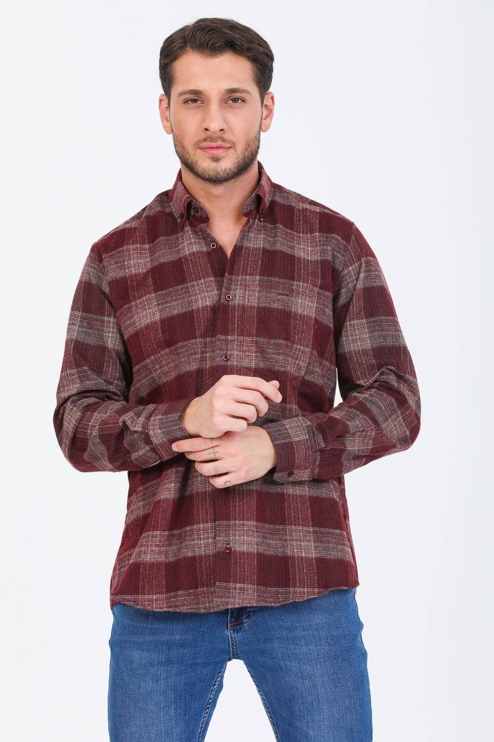Чоловіча бордова класична сорочка з коміром на гудзику, зимова, з одним кишенею, вільного крою