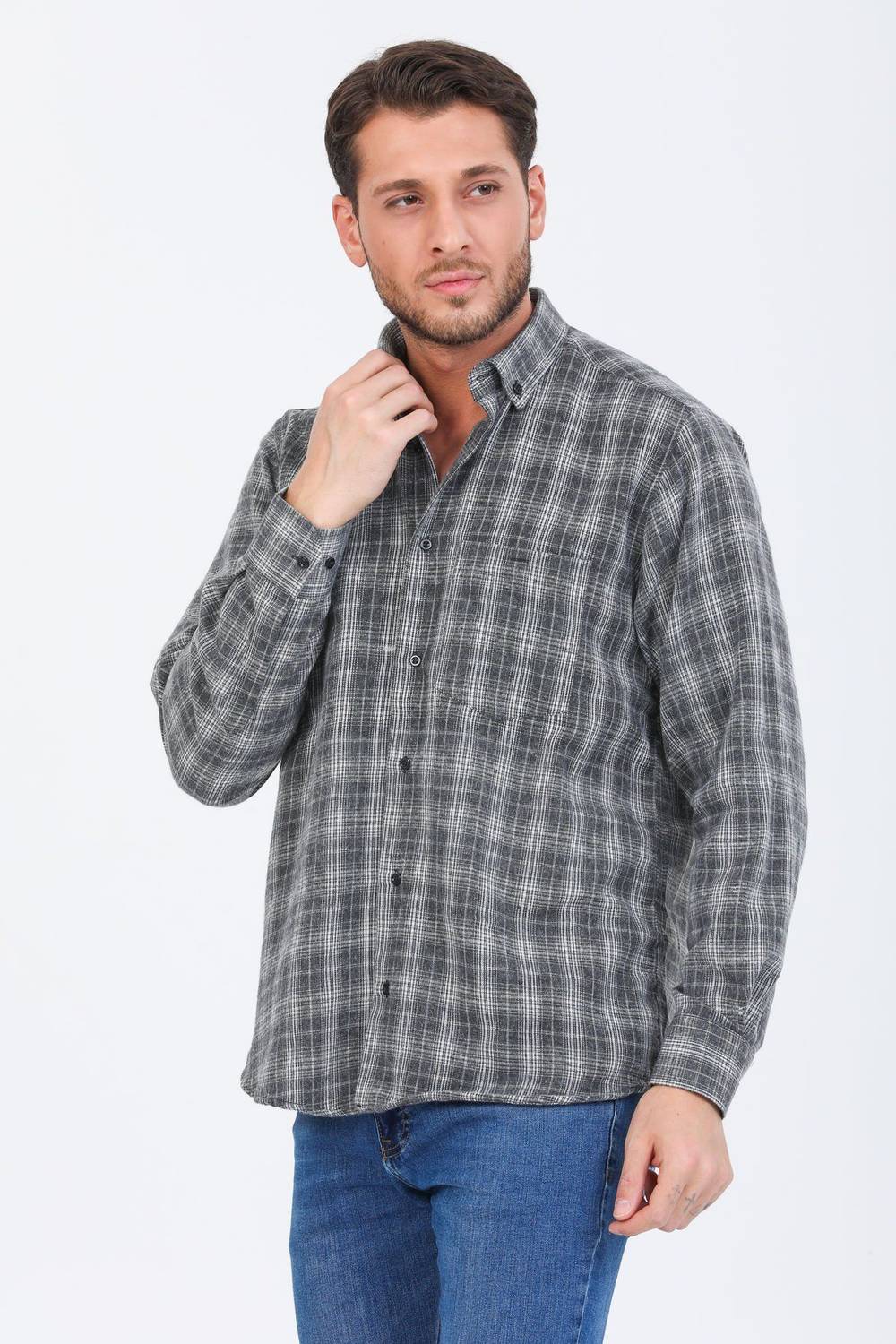 Чоловіча сіра клітчаста класична зимова сорочка з кнопками на комірі, розмір XL