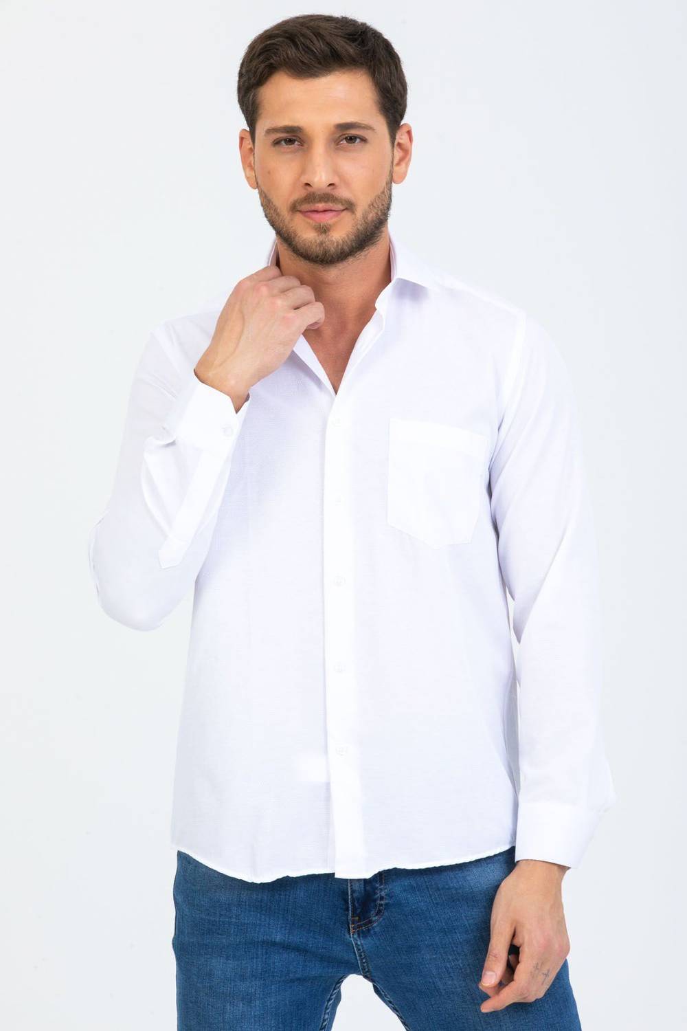 Varetta Men's White Mini Patterned Sleeve Classic Cut Collar Buttoned Shirt