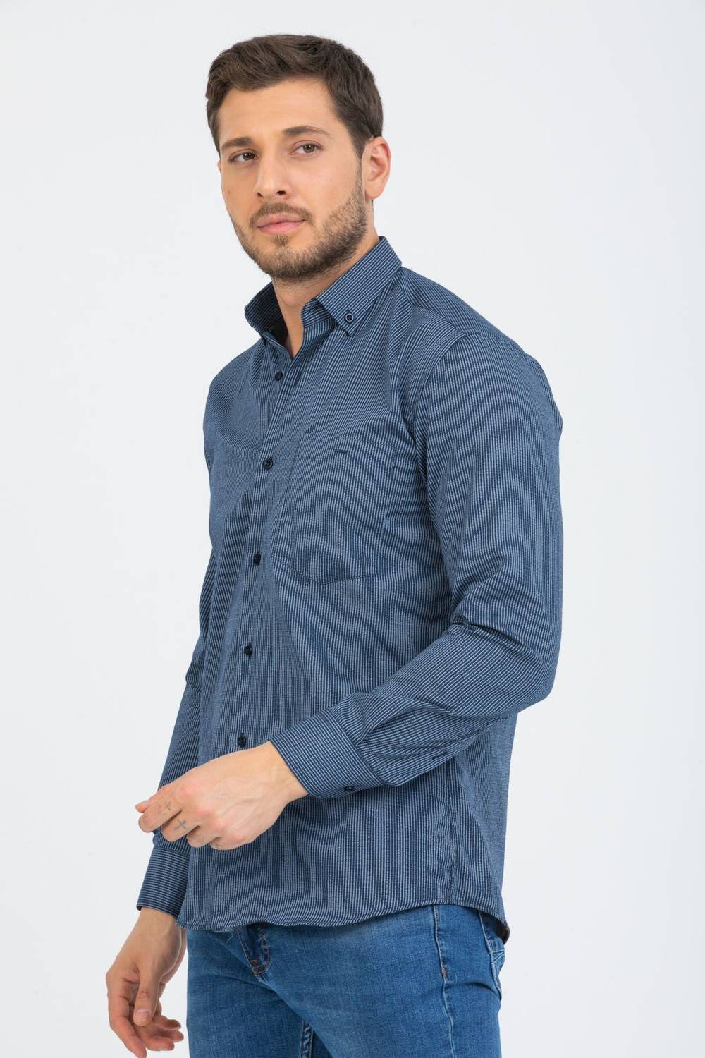 Класична чоловіча синя смугаста сорочка з довгим рукавом Varetta з ґудзиками на комірі