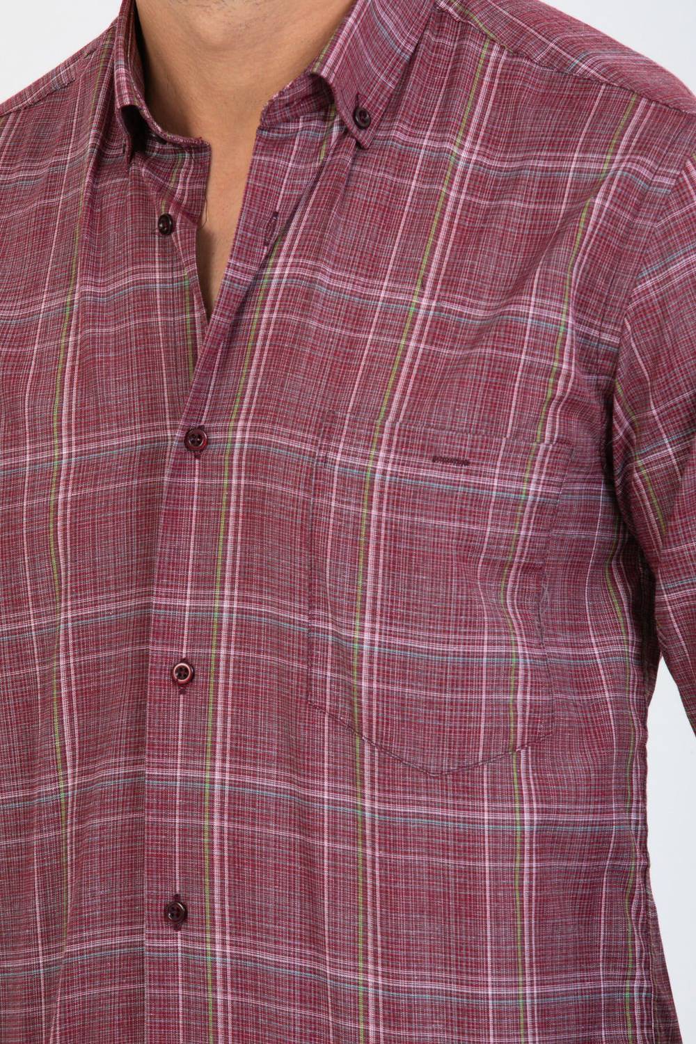 Varetta Men's Claret Red Checked Sleeve Classic Cut Collar Buttoned Shirt