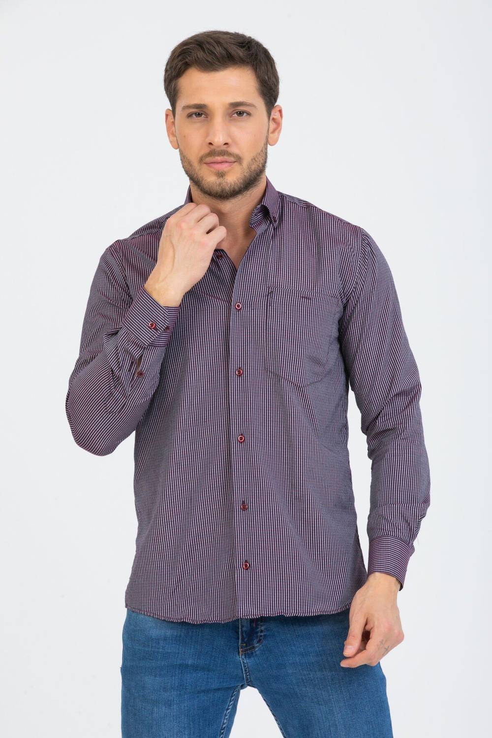 Varetta Men's Plum Striped Sleeve Classic Cut Collar Buttoned Shirt