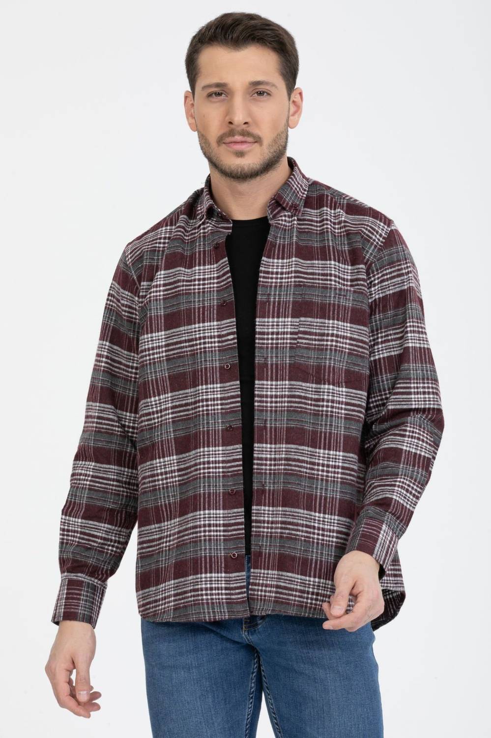 Чоловіча бордова зимова сорочка з коміром на гудзиках, класичний вільний крій, один кишеня, довгий рукав