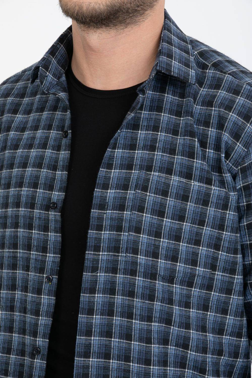 Varetta Men's Black Blue Check Collar Buttoned Winter Shirt