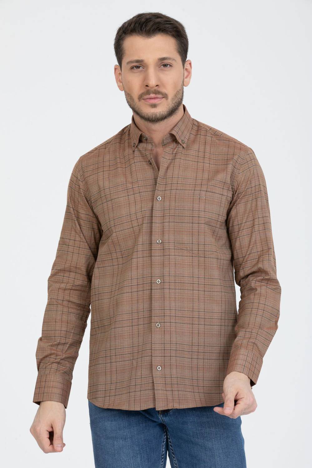 Чоловіча коричнева клітчаста сорочка з ґудзиками, довгий рукав, вільний крій, з тканини з однієї кишенею, Made In Turkey