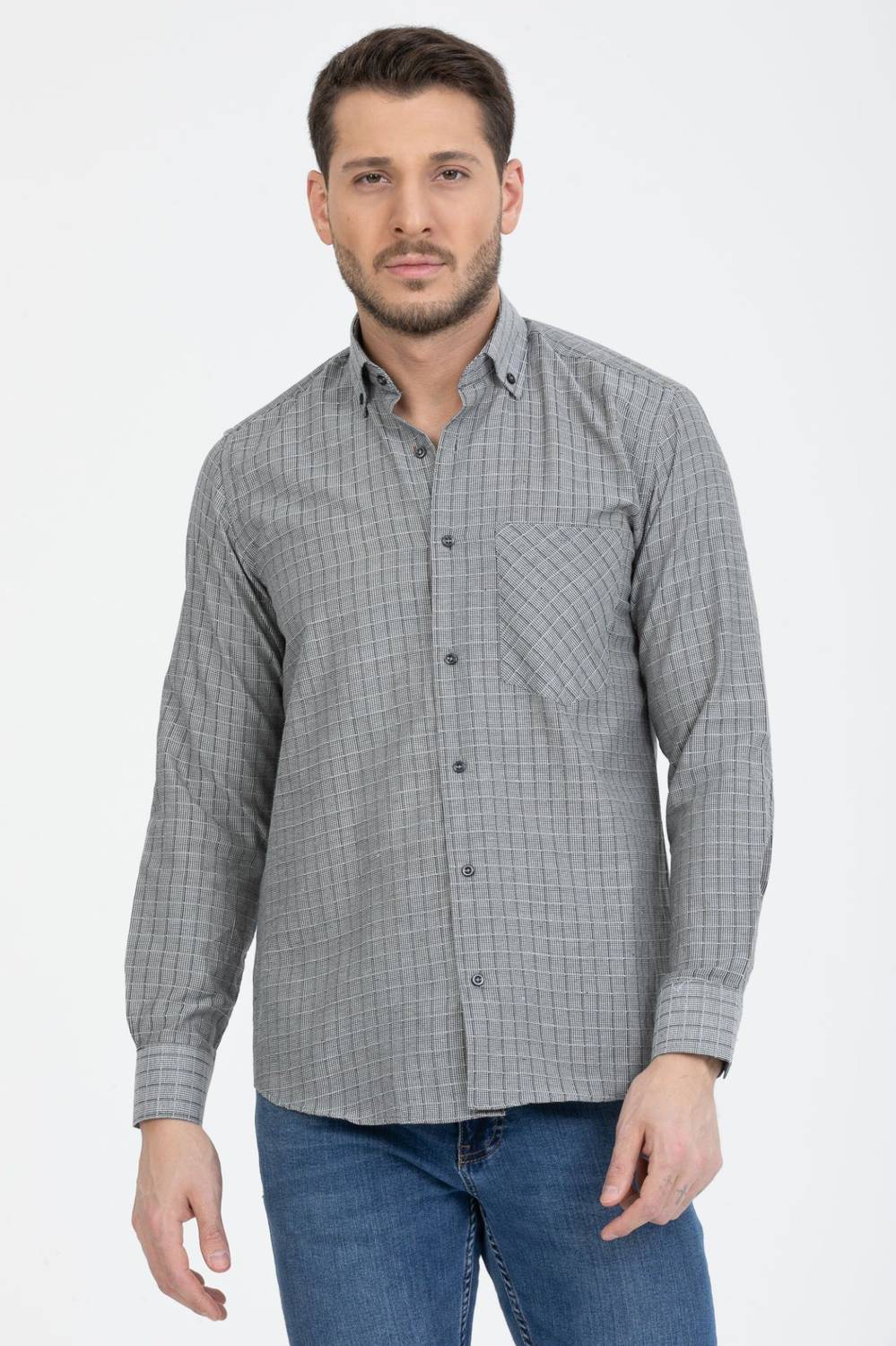 Чоловіча сірий клітинний комірець з гудзиками сорочка з довгим рукавом
