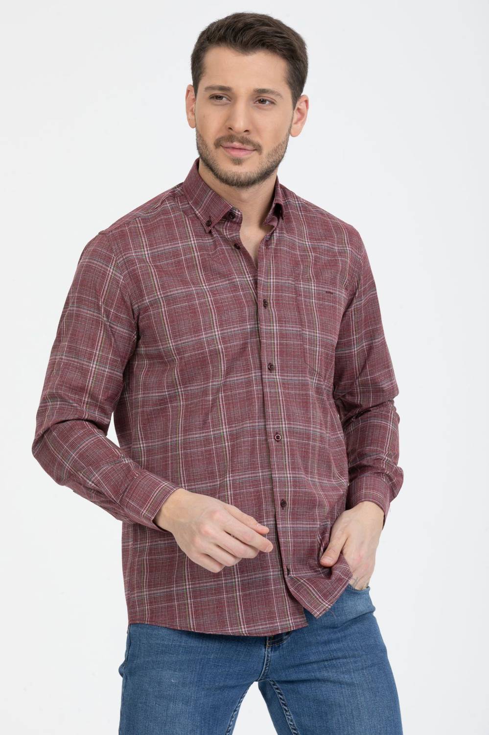 Чоловіча бордова сорочка з гудзиками на комірі та карманом, довгий рукав, класичний крій, виготовлена в Туреччині