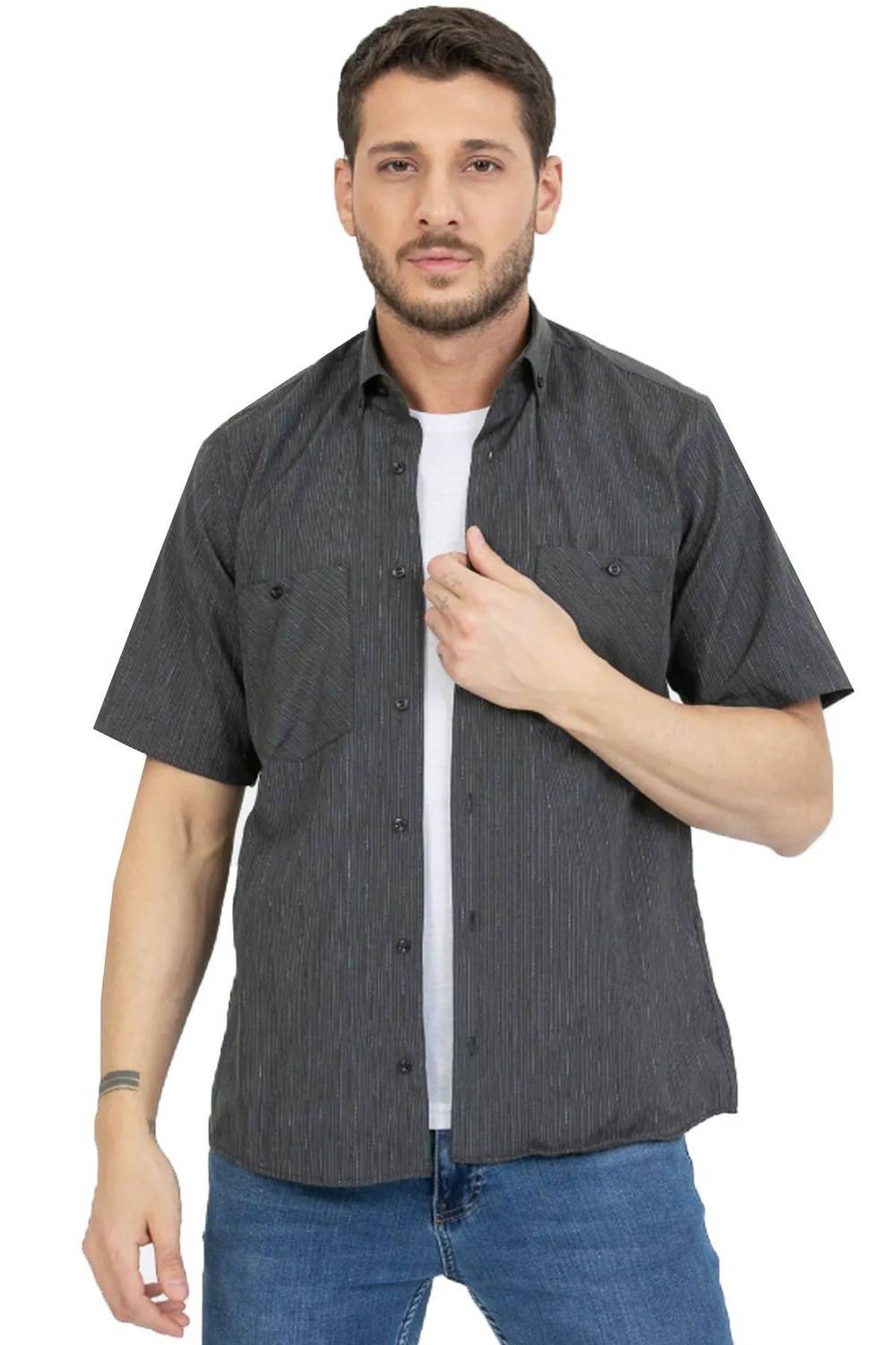 Varetta Erkek Füme Kareli Çift Cepli Yazlık Kısa Kollu Gömlek