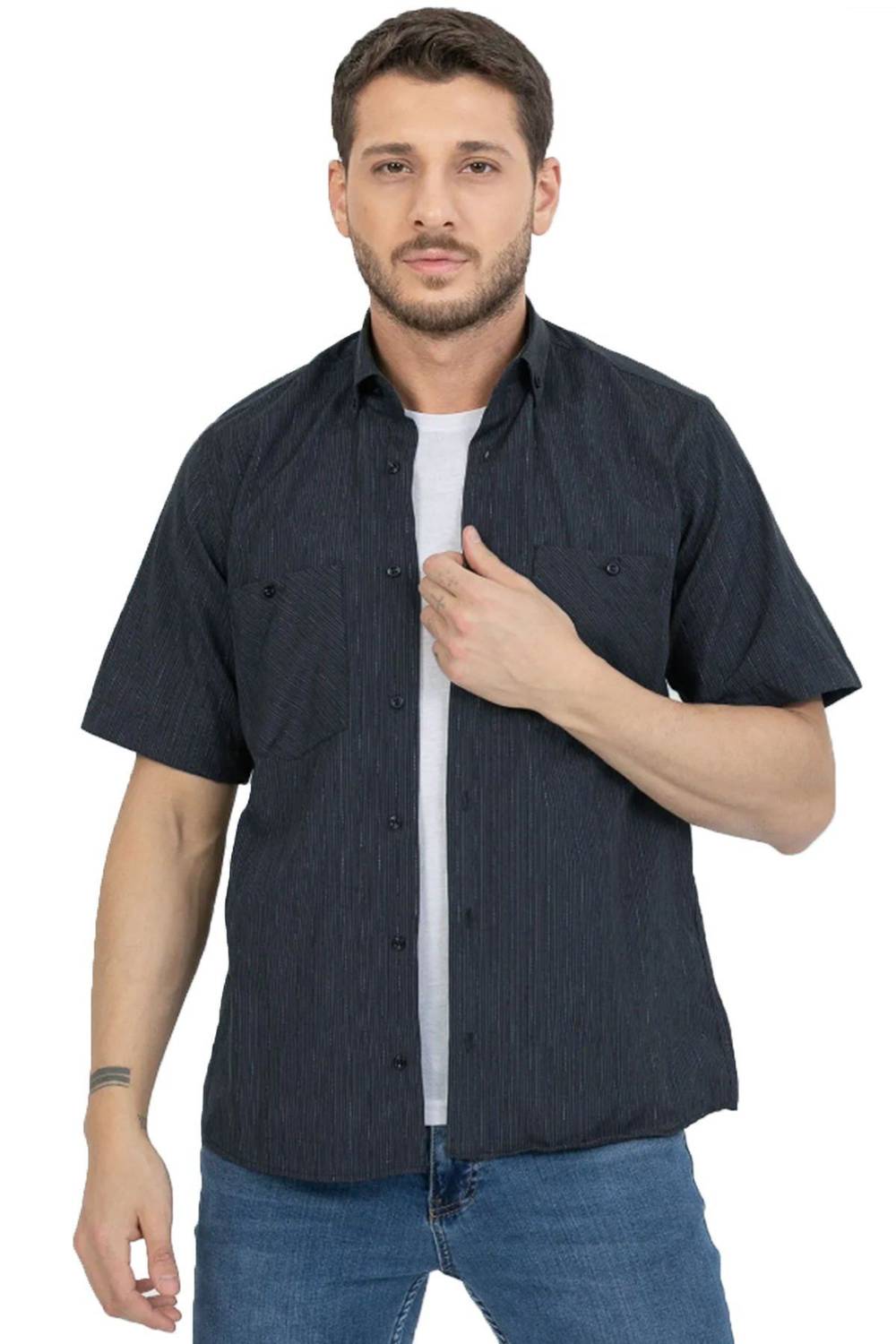 Varetta Men's Navy Blue Checked Double Pocketed Summer Short Sleeve Shirt