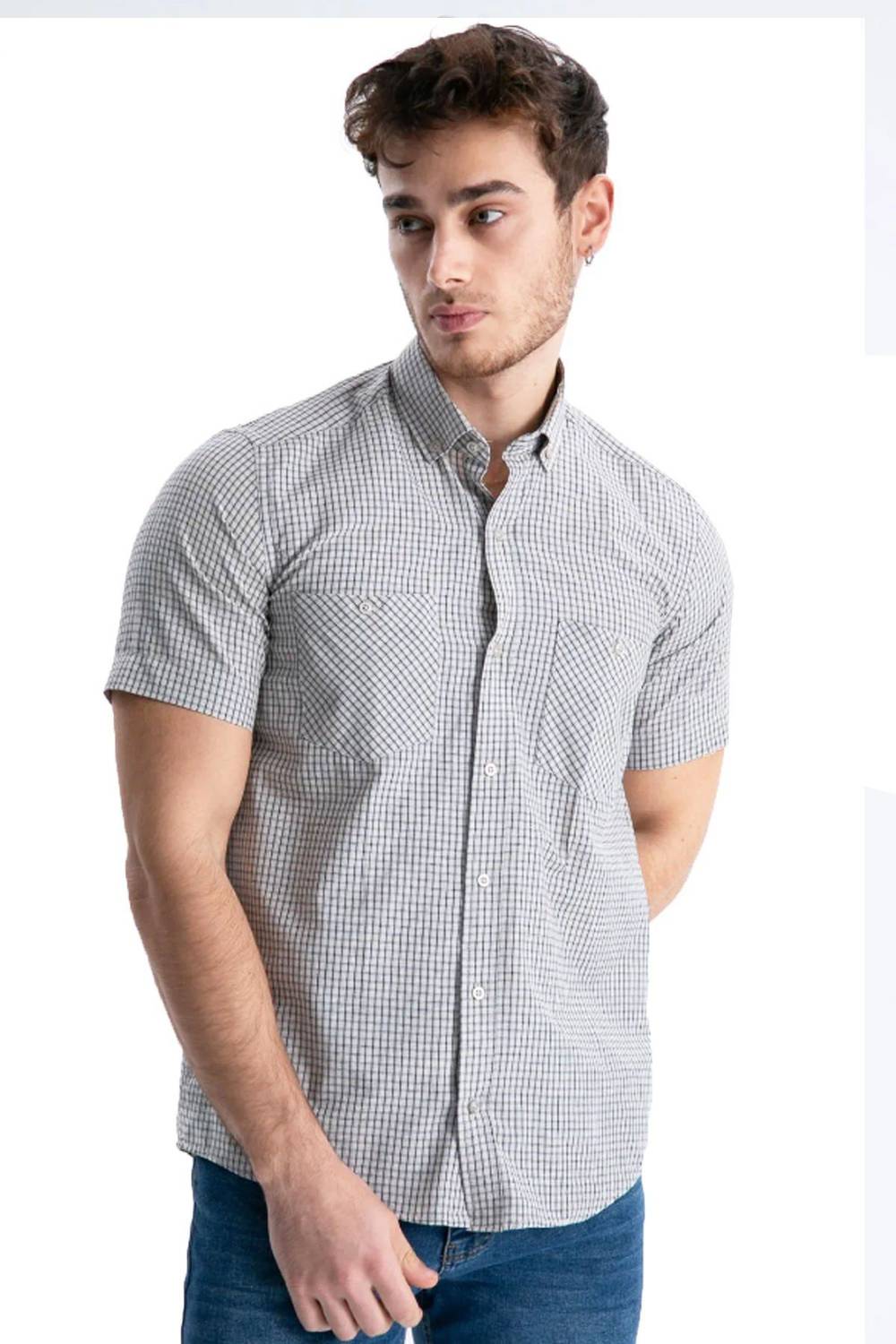 Varetta Men's Beige Checked Double Pocketed Summer Short Sleeve Shirt