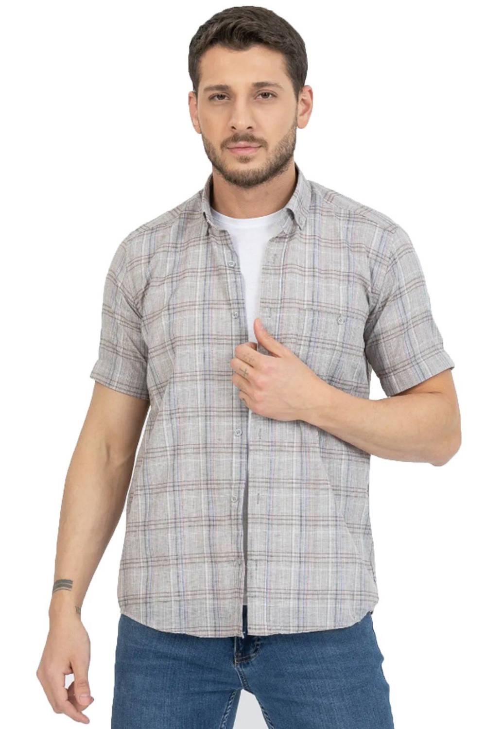 Varetta Erkek Kum Beji Kareli Cepli Yazlık Kısa Kollu Gömlek