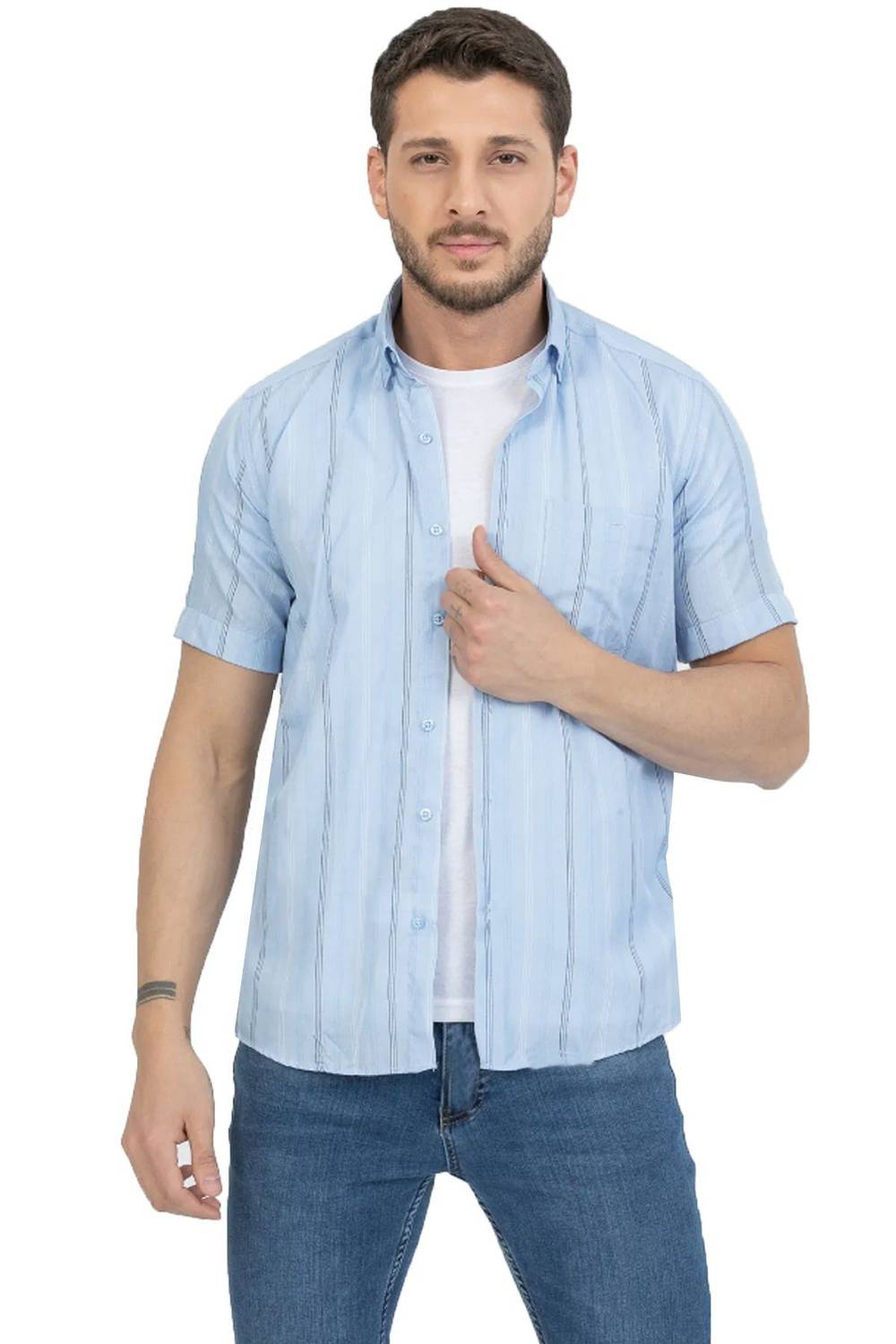 Varetta Men's Blue Striped Pocket Summer Short Sleeve Shirt