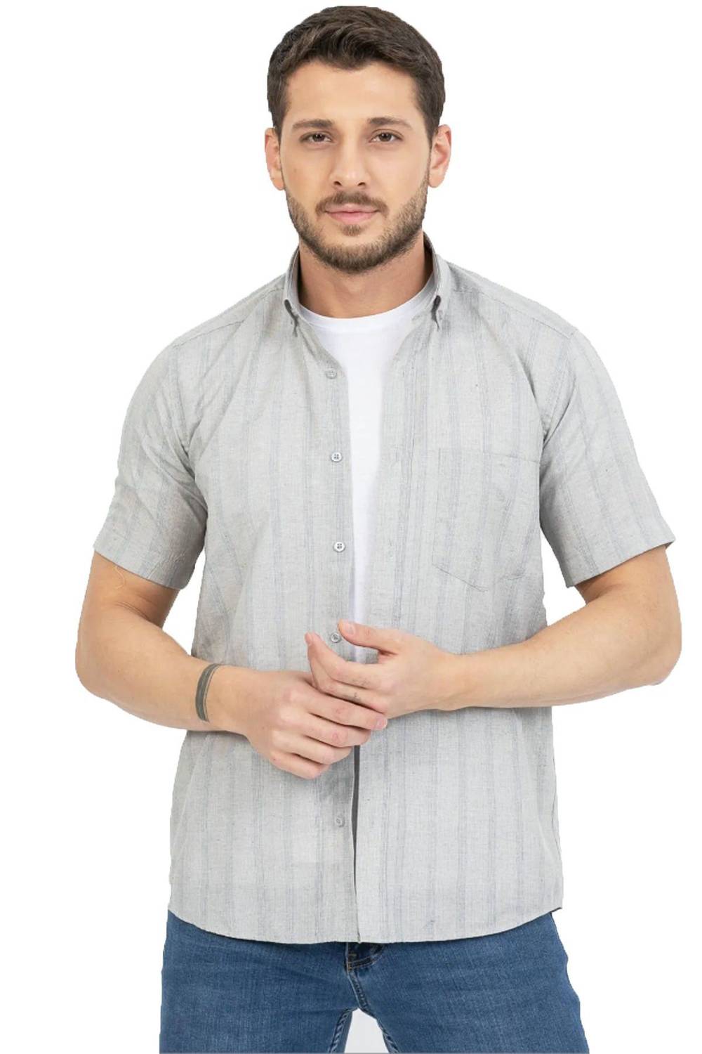 Чоловіча сорочка короткий рукав Varetta сірого кольору з кишенею, класичний oversize стиль для літа
