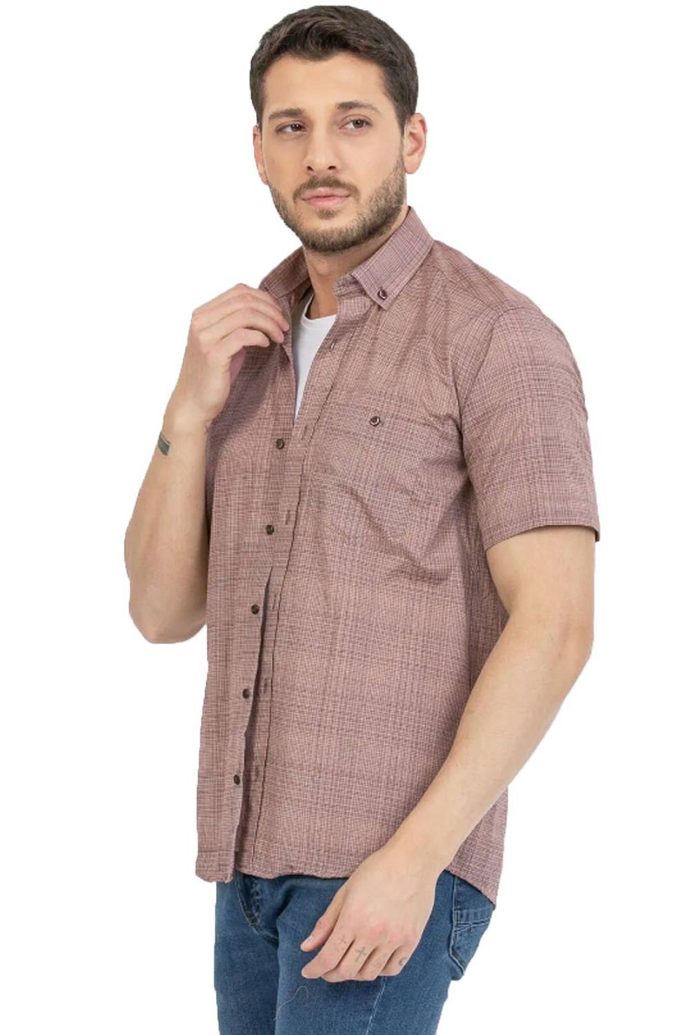 Varetta Men's Red Brown Cotton Short Sleeved Shirt with Pockets