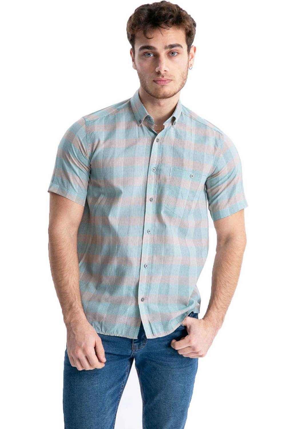 Varetta Men's Green Cotton Short Sleeved Shirt With Pockets