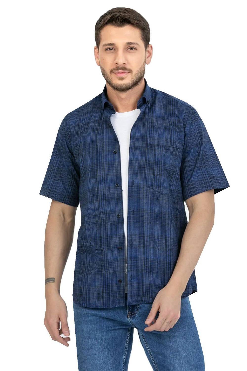 Varetta Men's Navy Blue Cotton Short Sleeved Shirt with Pockets