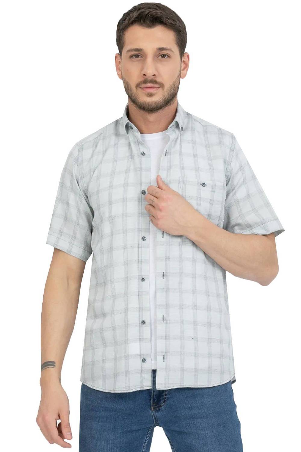 Varetta Men's Gray Cotton Short Sleeved Shirt With Pockets