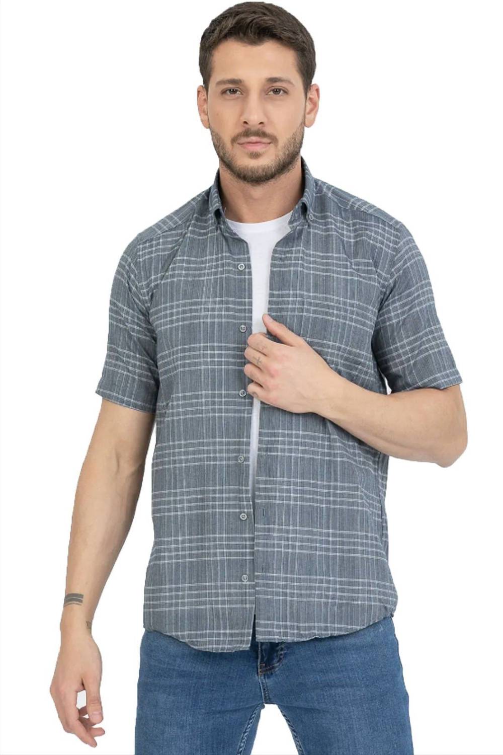 قميص Varetta رجالي صيفي قصير الأكمام من القطن باللون الأزرق الصلب مع جيوب