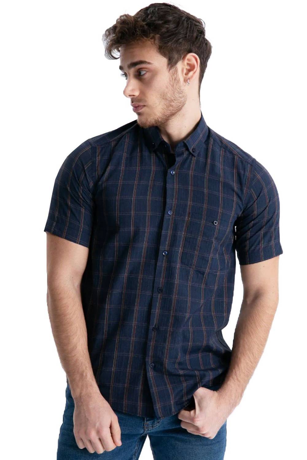 Varetta Men's Navy Blue Short Sleeve Checkered Summer Cotton Shirt