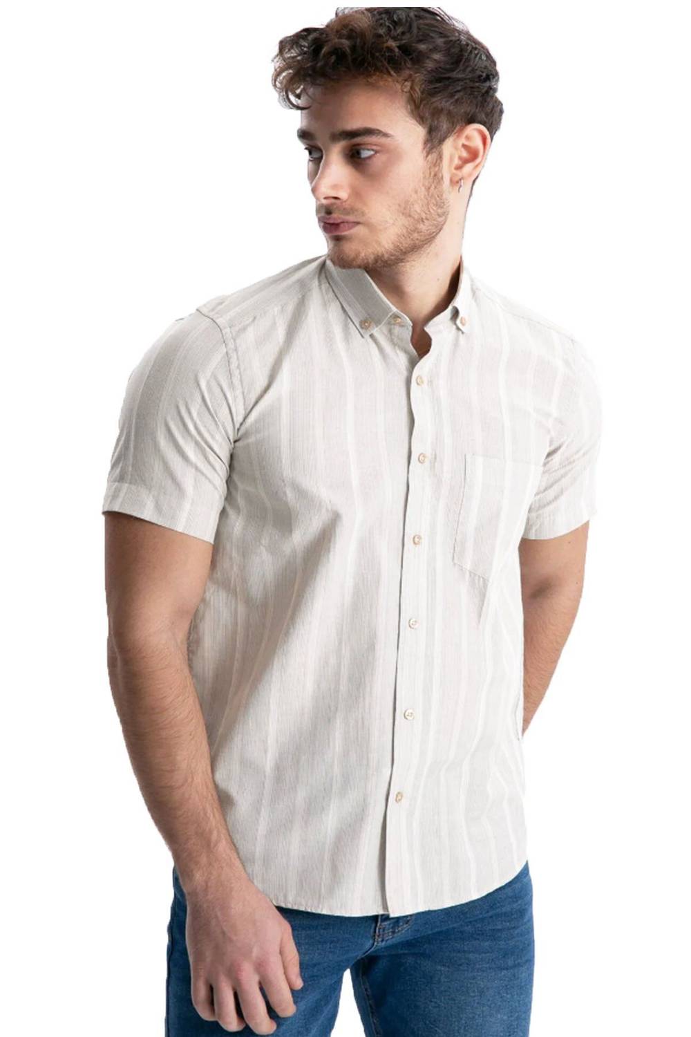 Varetta Erkek Ekru Kısa Kollu Çizgili Yazlık Pamuklu Gömlek