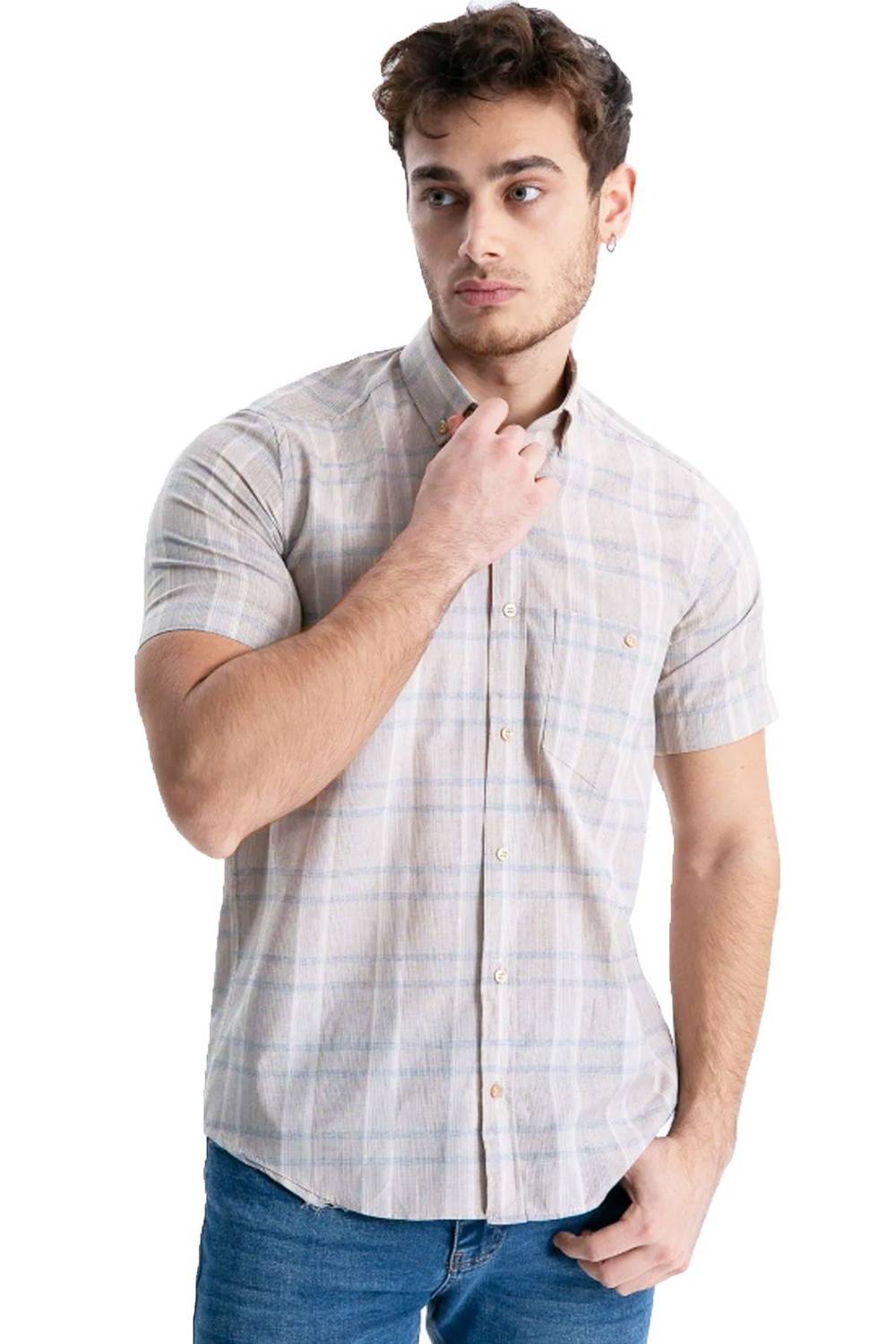 Varetta Men's Beige Short Sleeve Checkered Summer Cotton Shirt